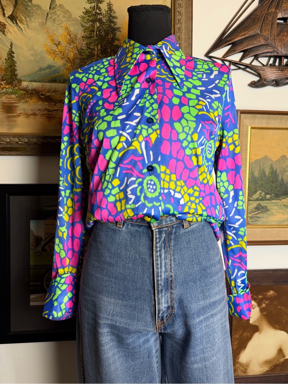 Vintage 1970s JANTZEN Button-Up Blouse Brown Abstract Size Medium